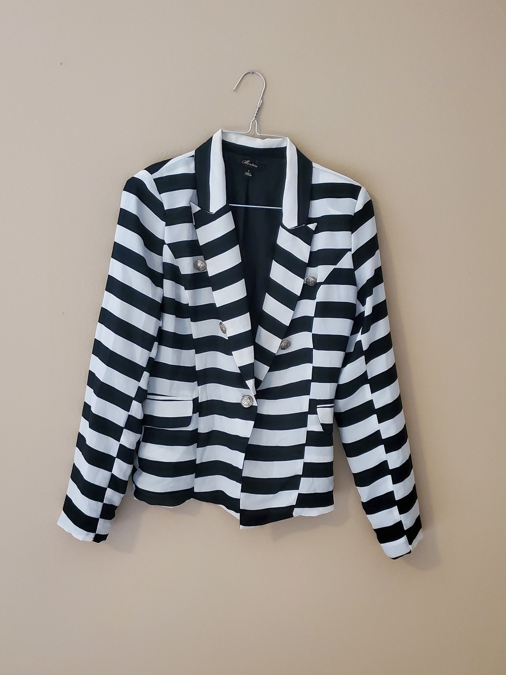 Monteau Black and White Striped Double-Breasted Blazer